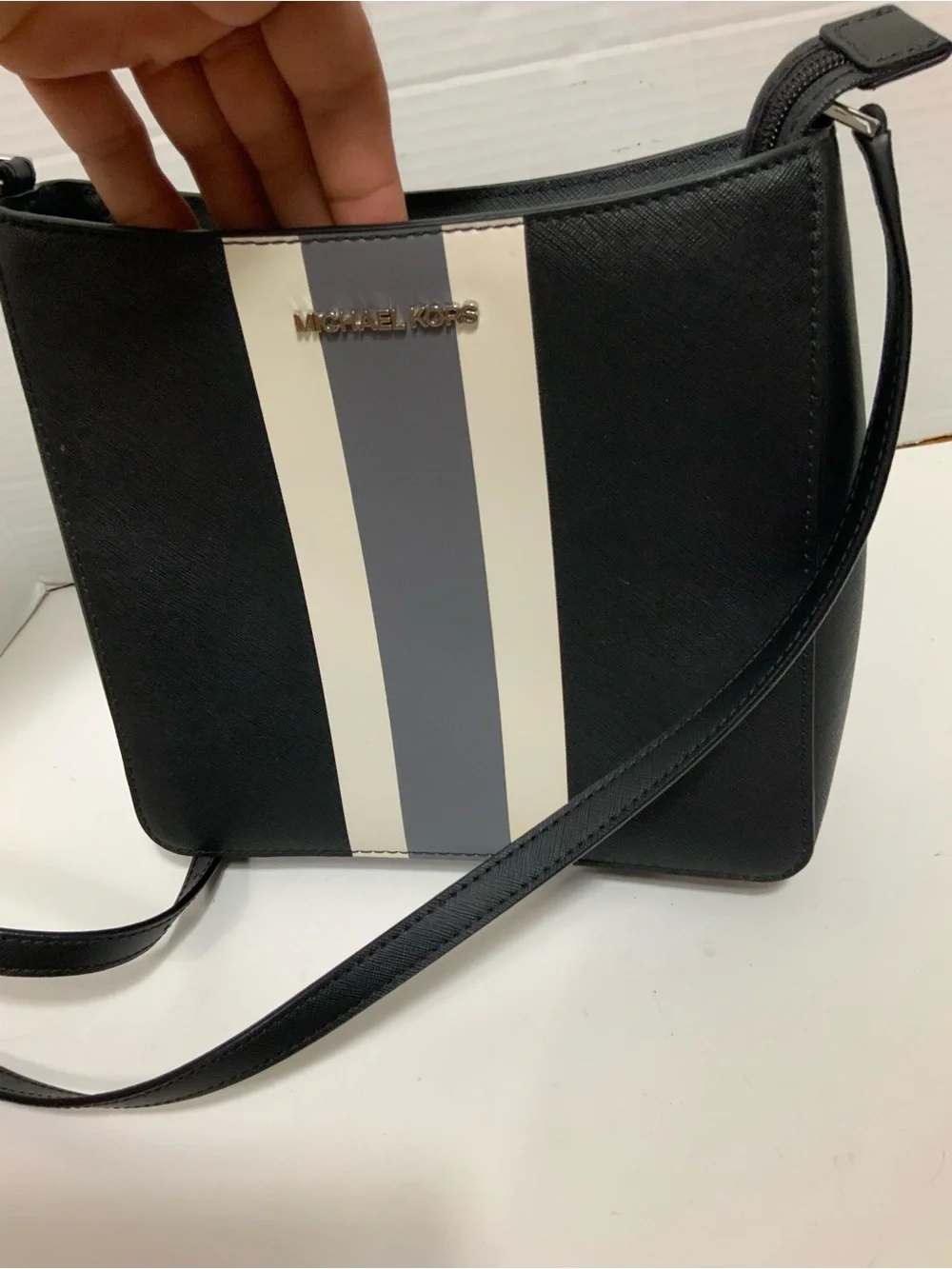 Michael Kors Women Black Saffiano Leather Center Stripe Crossbody Bag Purse